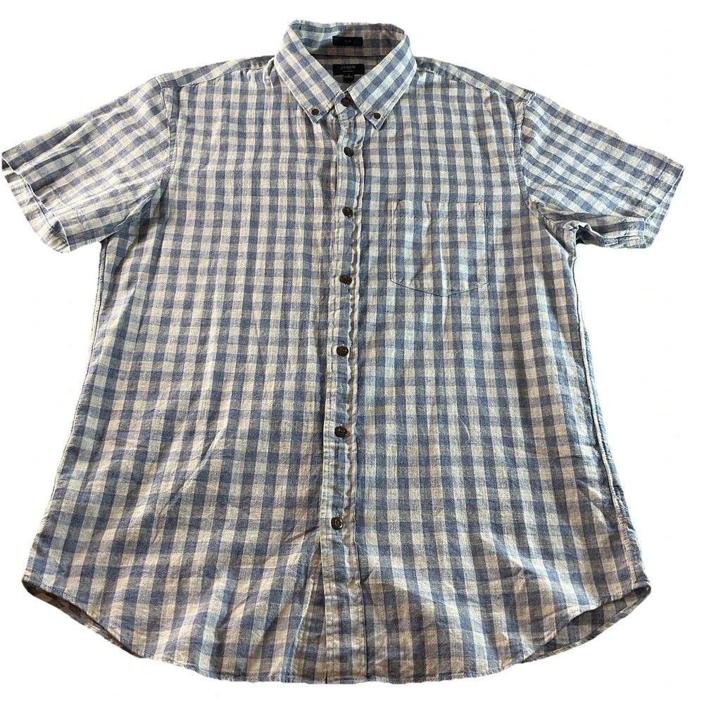 J Crew Slim Fit Homespun Cotton Shirt Blue‎ White Plaid Button Down Medium